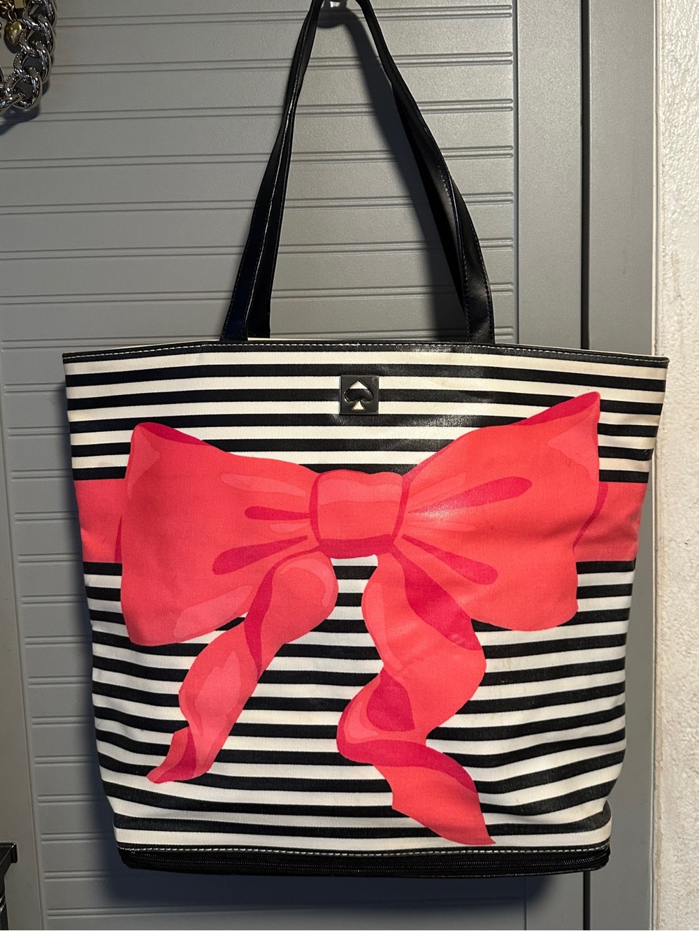 Kate Spade Striped Bow Canvas Sonoma Large Tote Bag Purse Black White Pink EUC